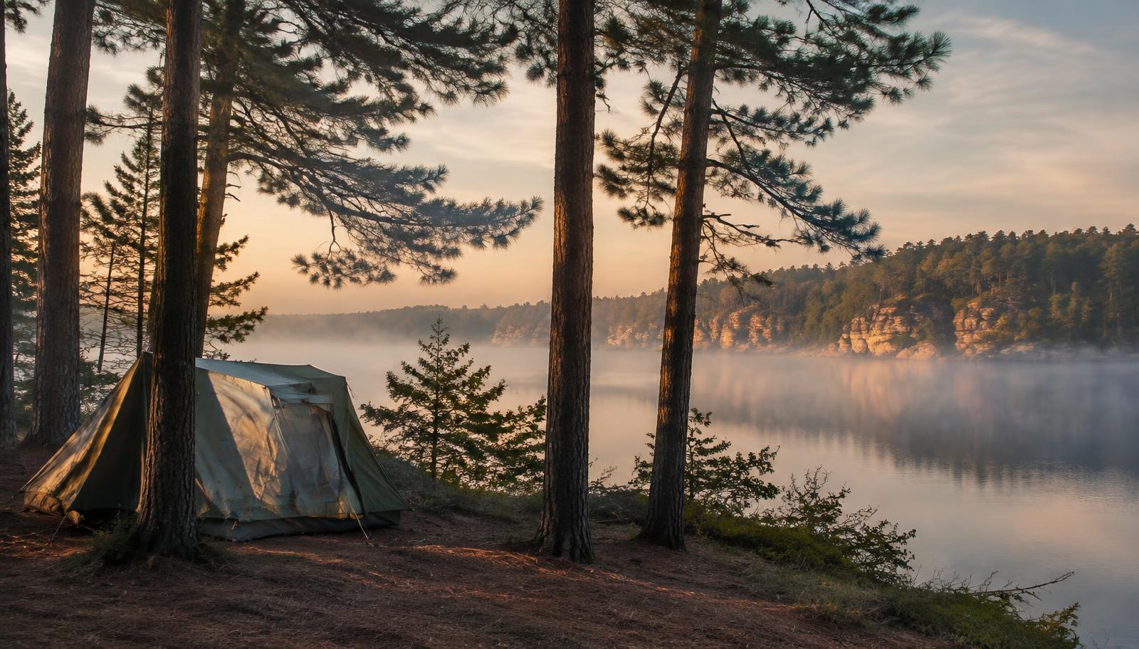 Tent among pines above a misty lake at dawn